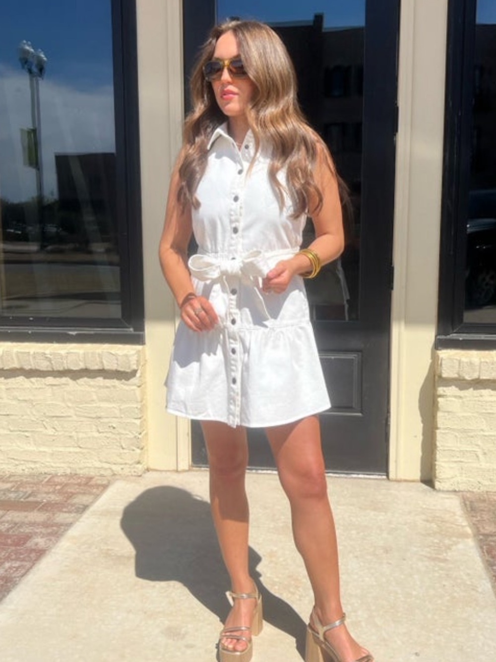 White Sleeveless Button-Front Mini Dress with Tie Waist